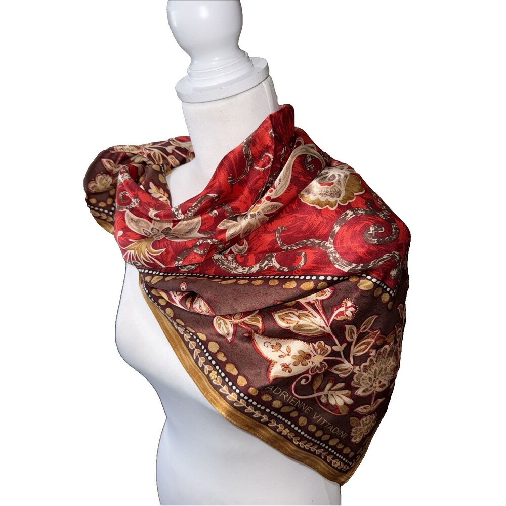 Adrienne Vittadini 100% Silk Scarf Red Gold Baroque Floral Boho Chic 34x34